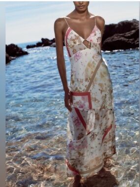 Zara White Floral Slip Dress with Pink Trim